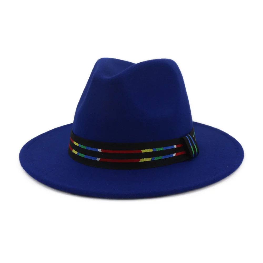 FS осенне-зимние женские церковные шляпы, элегантная королевская шляпа с широкими полями, красная винтажная мужская шляпа Федора, классический кожаный ремень, кепка крестного отца - Цвет: Royal Blue Fedora