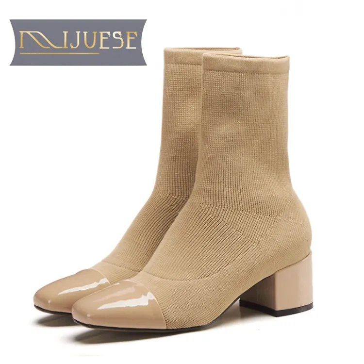 

MLJUESE 2019 women Mid calf boots knitting stretch fabric pointed toe slip on autumn spring women boots socks boots