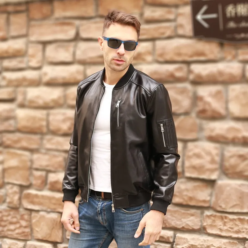 Black Luxury Aviation Genuine Leather Bomber Jacket Men Sheepskin Real Leather Flight Jacket Slim Pilot Coats Veste Cuir Homme