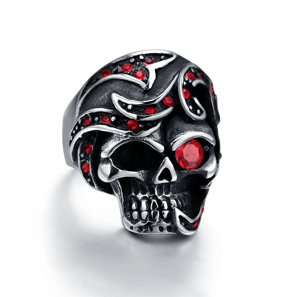 Stainless Steel 2 Color Winged Crossbones Skull Biker Ring with Jet Black CZ