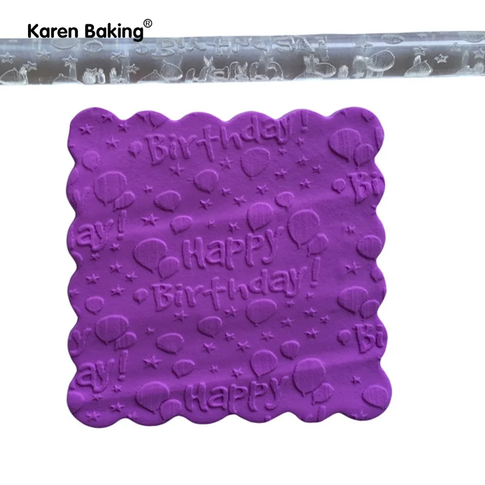 

Happy Birthday Pattern Transparent Embossing Decorating Rolling Pins Fondant Sugar Craft Tools A408