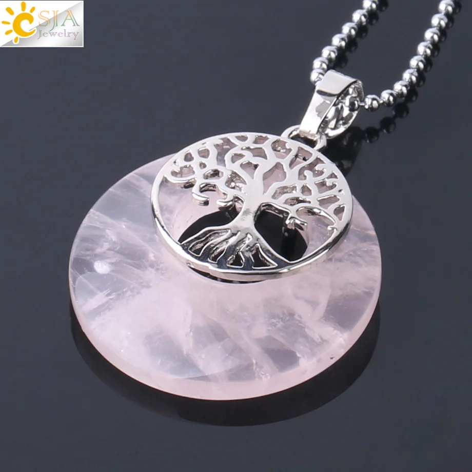 Rose Quartz Chain CSJA натуральный камень подвеска "Древо жизни" кулон круглый полый пончик рейки подвески из серебра ожерелье для женщин мужчин ювелирные изделия F951 - Окраска металла: Rose Quartz Chain