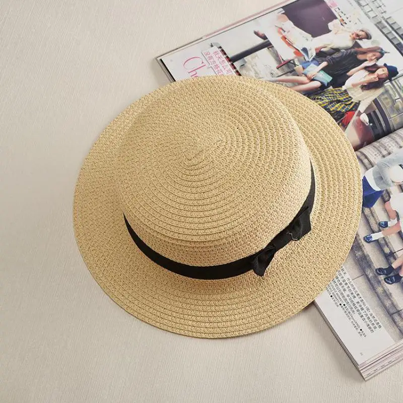 Panama Hat Female Casual Lady Women Simple Summer Beach Flat Brim Bowknot Straw Cap Girls Sun Hat