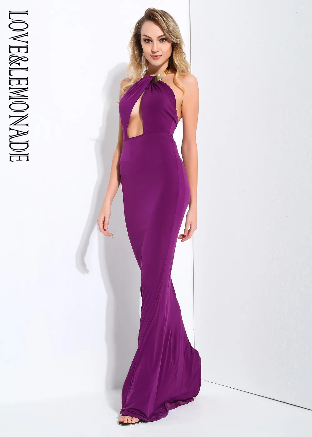 Love& Lemonade фиолетовое с вырезами открытое сзади металлическое украшение на шею длинное платье LM0812