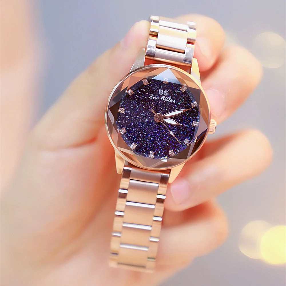 Luxury Multi Cutting Surface Mirror Women Watch Fashion Stainless Steel Quartz Watch Starry sky
