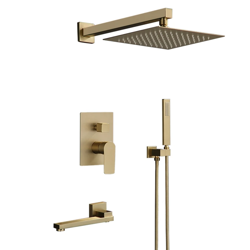 Ceiling Mount, Brushed Gold AYIVG Bathroom Brass 10 Inch Ceiling Wall Mount Rainfall Shower System Mixer Set
