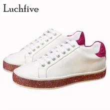 Женская Повседневная обувь из натуральной кожи с блестящими кристаллами; обувь на платформе с круглым носком на шнуровке; модная женская обувь; Цвет черный, розовый