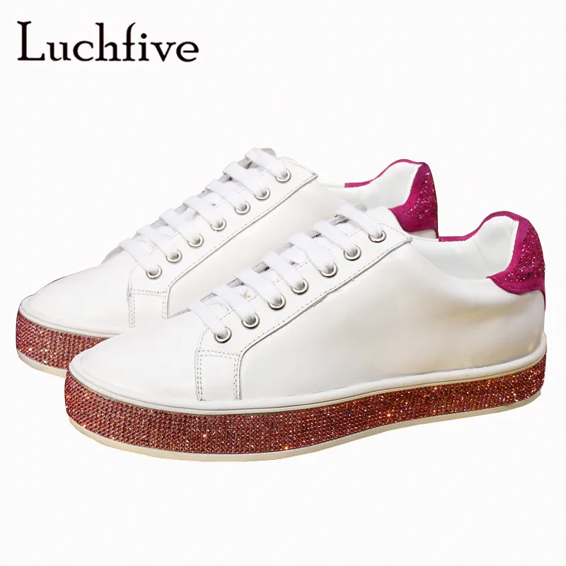 

Blingbling Crystals Genuine Leather Women Casual Shoes Round Toe Lace Up Platform Runaway Outwear Black Pink Fashion Shoes Woman