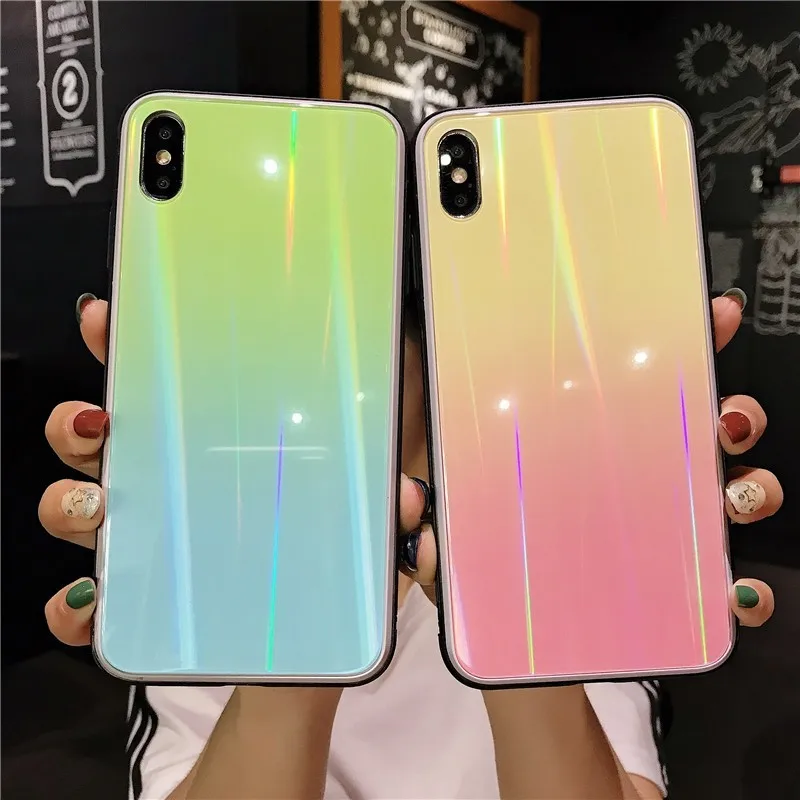 

Luxury Tempered Glass Case For Iphone X 8 7 6 6S Plus Shell Aurora Colorful Cover For Iphone XR XsMAX 8plus Gradient Color Cover