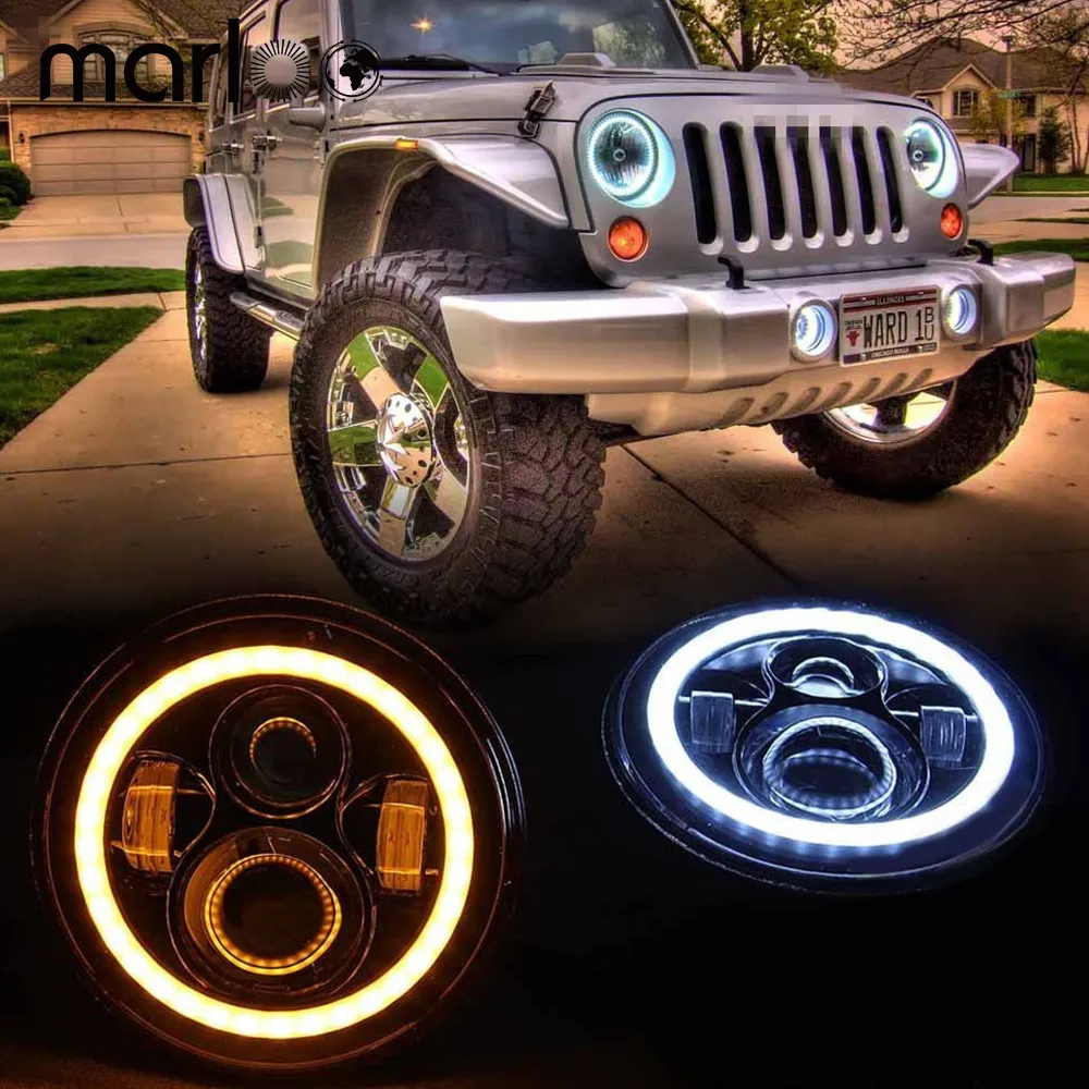 7” JEEP WRANGLER JK CJ TJ LED RUBICON WHITE WITH WHITE HALO HEADLIGHTS PAIR
