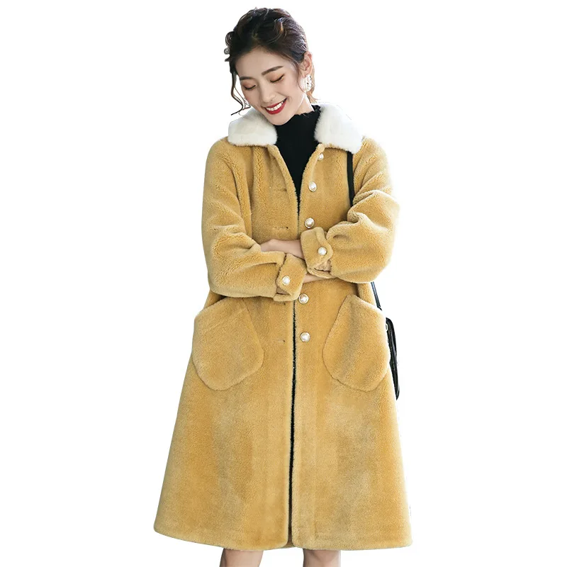 

Spring 2019 Vintage Long Women Winter Coat Single Breasted Thick Warm Fur Mink Hair Collar Real Wool Cashmere Overcoat QH001