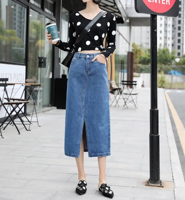 Women Plus Size Front Split Office Lady Straight Denim Skirts 7Xl 8Xl Spring Summer Mid Long Jeans Skirts Mid-Calf Mom Jeans