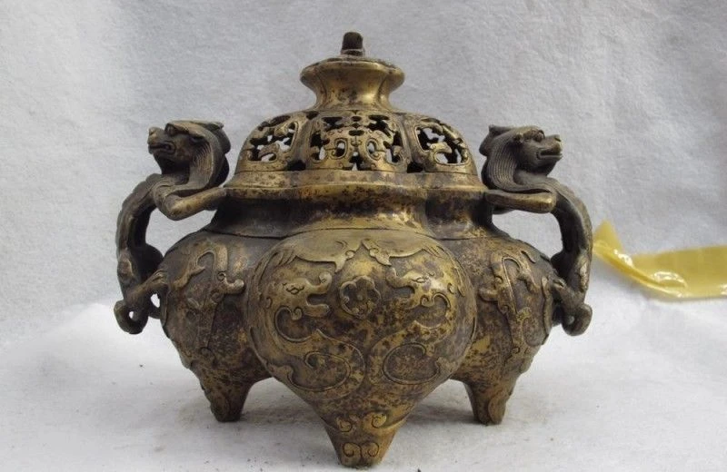 

8" Tibet Buddhism bronze copper two beast dragon censer incense burner