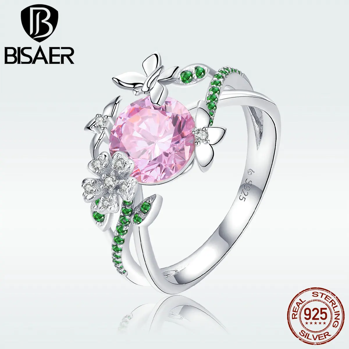 

2019 New Design Silver Rings 925 Sterling Silver Pink Austrian Crystal Butterfly Finger Rings for Women Engagement Ring GAR010