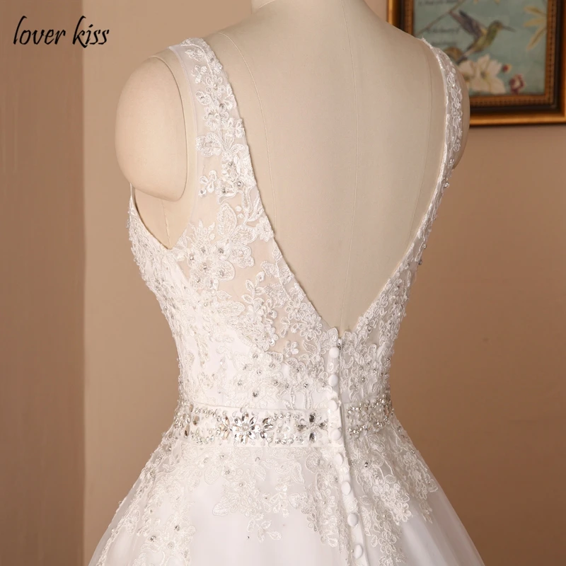 V-neck Beaded Sash Backless A-line Lace Vintage Wedding Dress