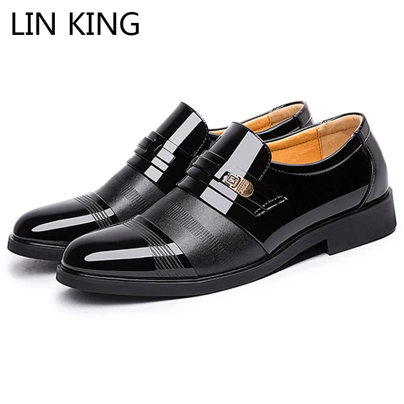 

LIN KING Spring Autumn Men Business Dress Shoes Slip On Leather Casual Oxford Shoes Pointed Toe Wedding Party Shoes Big Size 48