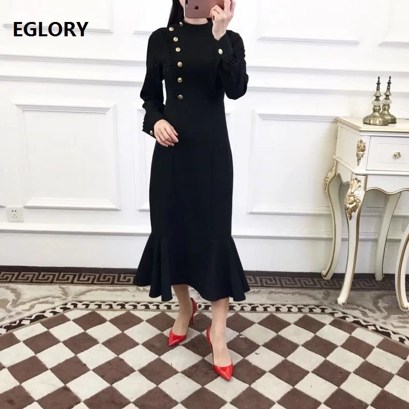 

Top Quality Designer Party Elegant Dress 2018 Autumn Winter Evening Vestidos Women Golden Button Long Sleeve Party Mermaid Dress