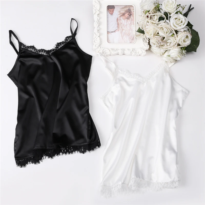 

Hot 2019 Sexy Summer Silk Tank Top Women V Neck Basic Tops Blusas Casual Womens Vest Lace Camisole Crop Tops Female Shirt TB07