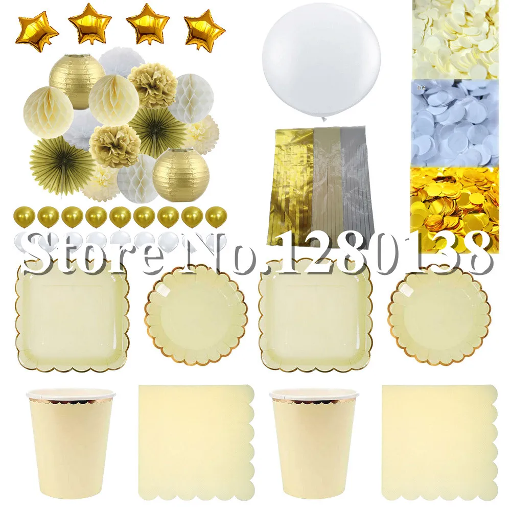 Gold Cream Paper Plates Cups Napkins Tissue Paper Balls