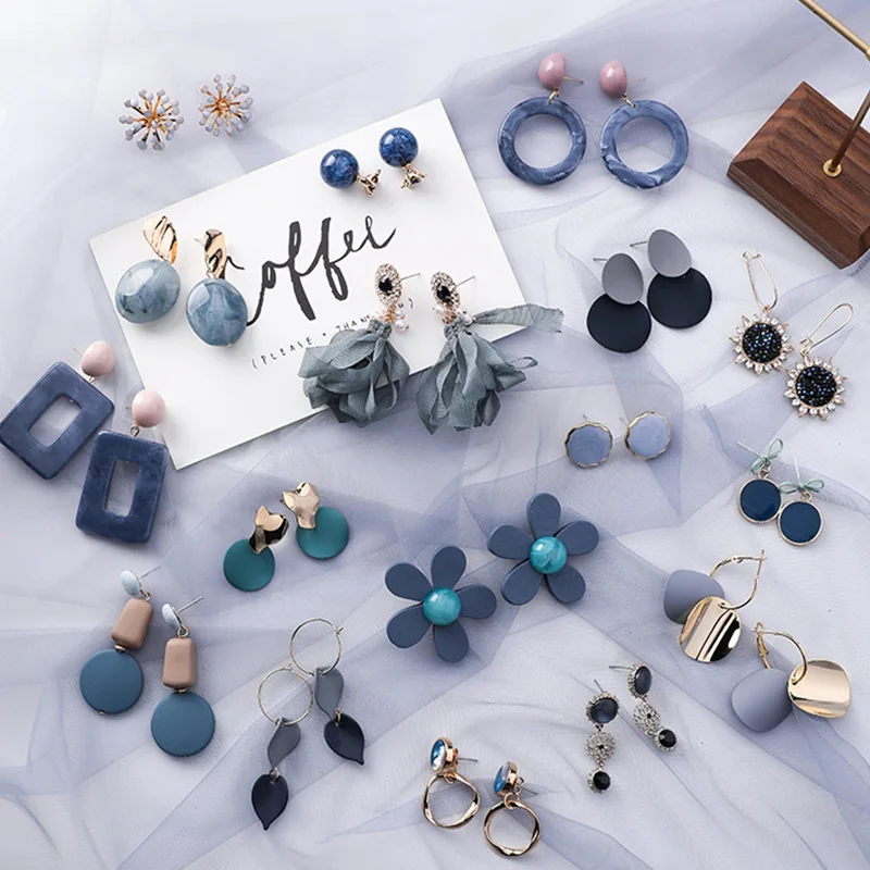 

New Korean Earrings For Women Blue Geometric Acrylic Irregular Hollow Color Metal Drop Earrings Summer Trendy Fashion Jewelry
