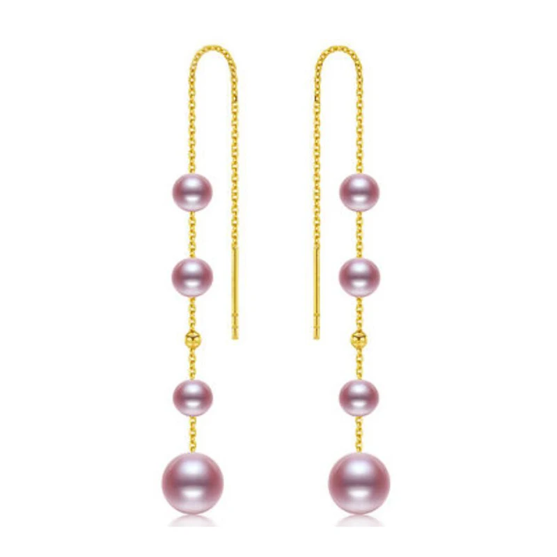 

Sinya 18k Au750 Gold Drop Natural Round High Luster Purple Pearls Long Chain Tassel Earring for Women New Arrival