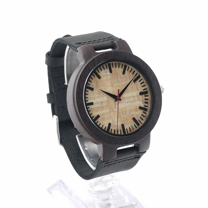 BOBO BIRD V-C23 Mens Quartz Wristwatches Handmade Wooden Watch Red Color Second Black Leather Strap In Gift Box Relojes Hombre