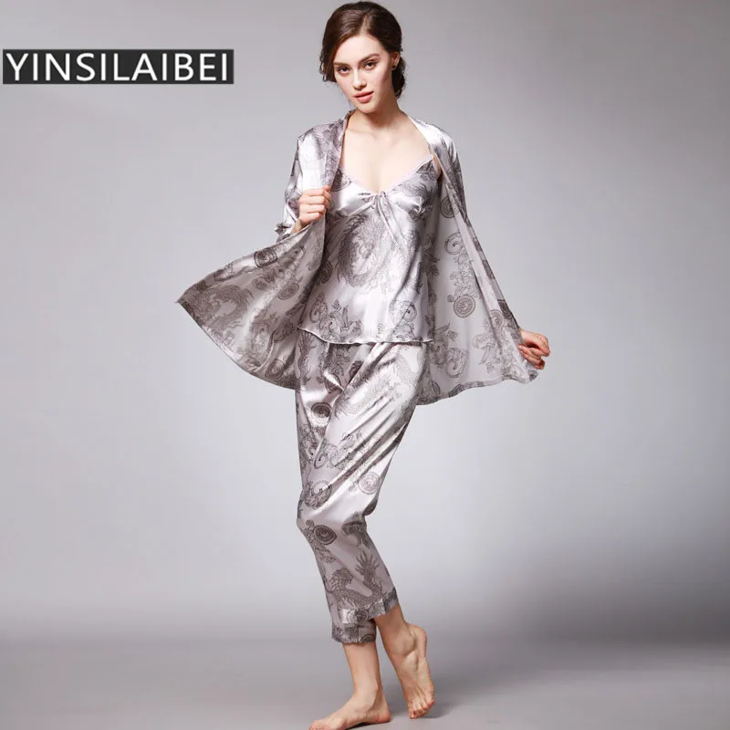Women Satin Sleepwear Female Silk Pajama Sets Ladies Pyjamas Plus Size Dragon Print