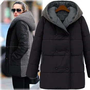 

Large Size Women Winter New Knitted Stitch Hooded Cotton Padded Sweater Long Thick Cotton Jacket L-4XL Warm Parkas Mujer MZ1718