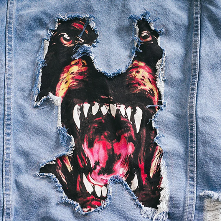 2018 Denim Jacket Men Hip Hop Streetwear Dog Head Printing Cowboy Ripped Distressed Jean Jacket Men Women Brand Casual Jacket