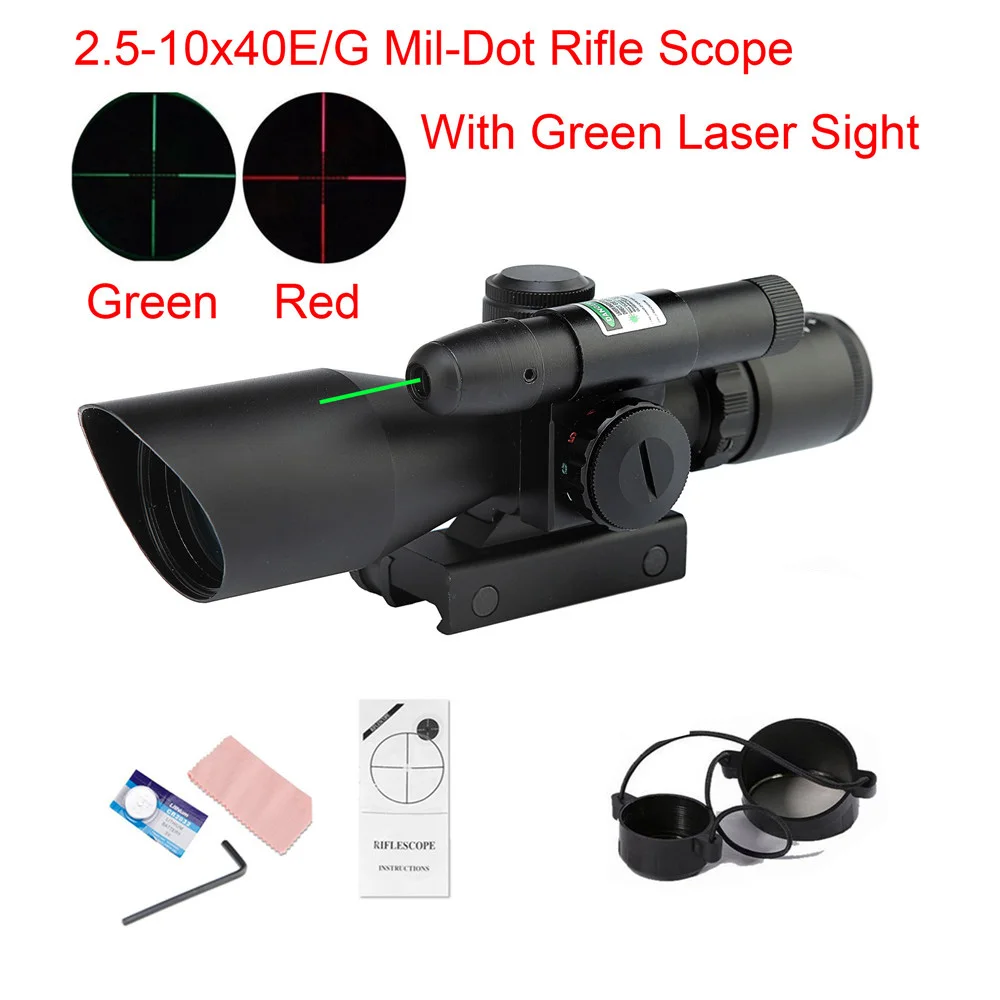 

2.5-10X 40 E/G Mil-Dot RifeScope with Green Laser Sight Optical Sight Hunting Rifle Scope ShockProof Fogproof for Hunting