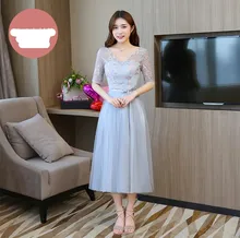 Blue Grey Colour Midi Dress Bridesmaid Dresses Short Sleeves Wedding Party Dress Embroidery grey one shoulder long sleeves midi dress