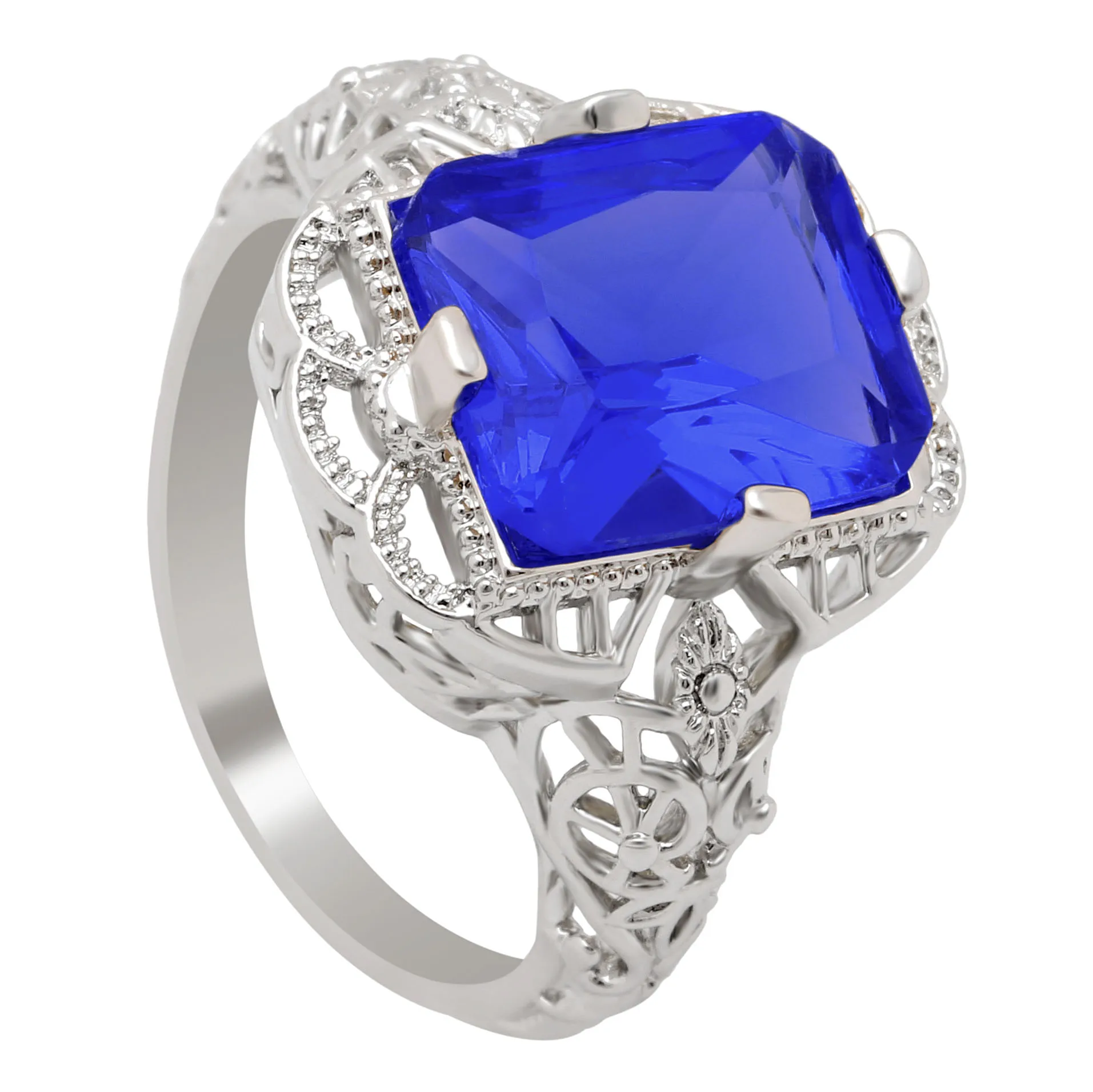 zirconia rings for women Luxury Hollow Square Royal Blue CZ promise