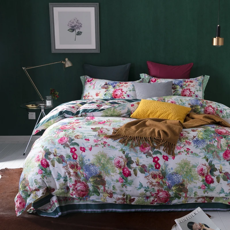 

Colorful Flowers Garden Bedding Set Queen King Size 4Pcs Egyptian Cotton Fabric Soft Bedlinens Flat Sheet Set Pillow Cases