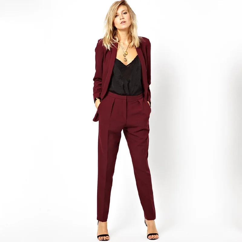 Блейзер OL для работы, чтобы носить официальный пиджак брюки костюм для женщин Бизнес бордовый офисная форма Женские Костюмы комплект из 2 предметов женский