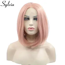 Sylvia розовый персик короткие прямые синтетические кружева перед парики естественный вид розовый Боб Прическа жаропрочных волокна для