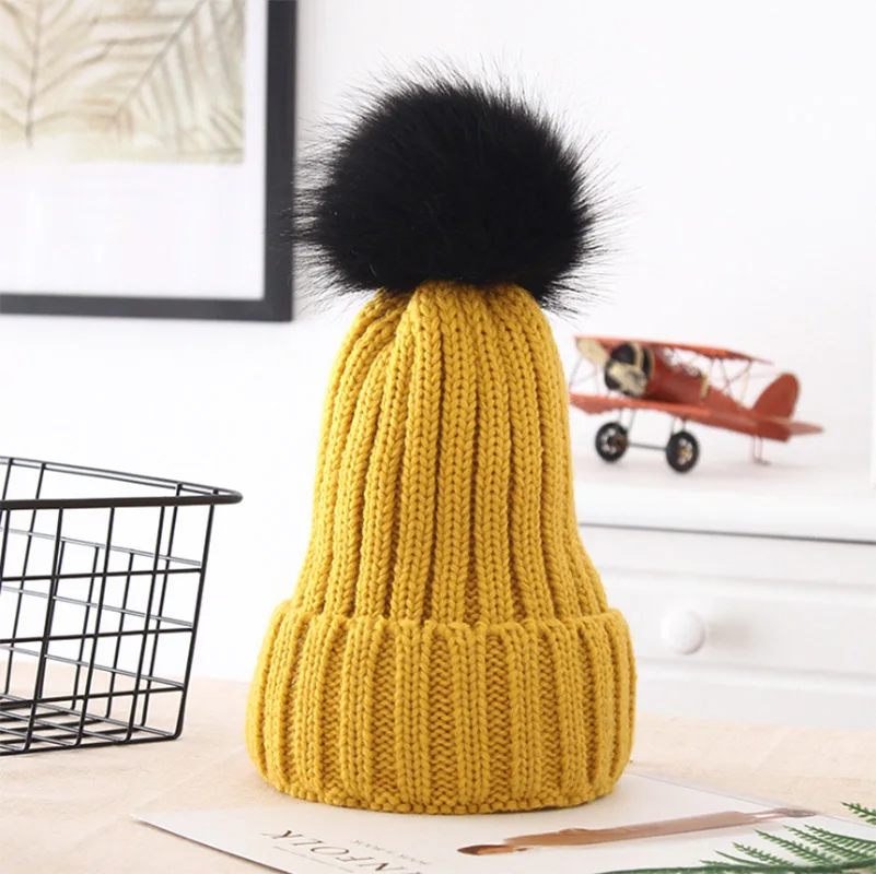 

2018 New Winter knitted 100% Wool yellow add velvet warm hats beanies caps for women Fur Pom Poms Hat Skullies Beanie caps