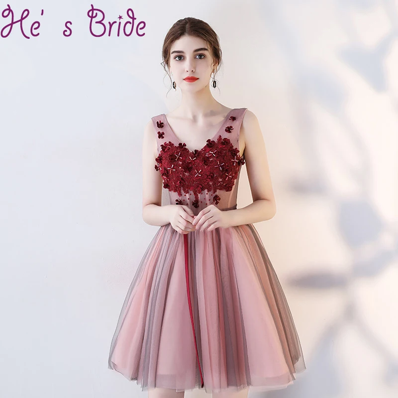 Prom Dress Modern Wine Red V Neck Sleeveless Lace Up Back Vesta De Festa A Line Flowers Crystal Sweet Party Cocktail | Свадьбы и