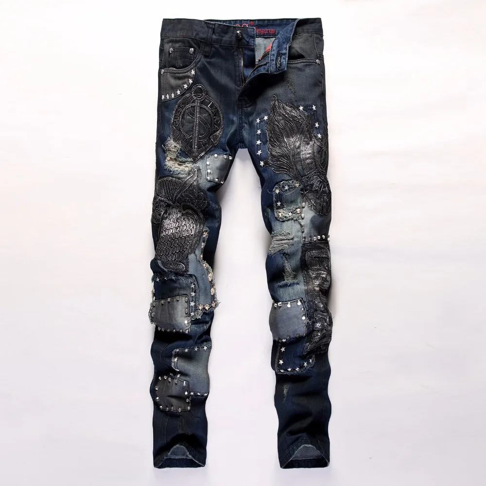 Men’s casual holes Distressed ripped Jeans for Men TornDenim Pants Male New Fashion Garment Washed skinny biker punk Jeans J013