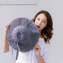 Модная полосатая Женская солнцезащитная Кепка широкий с полями, солнце защиты женская шляпа из хлопка с бантиком, большой женский Кепки пляжные Для женщин летние Кепки