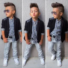Осень г. fahshion Комплекты одежды для мальчиков 3 шт. куртка+ Рубашки для мальчиков+ джинсовые штаны для мальчиков детская одежда с длинным рукавом Повседневная одежда