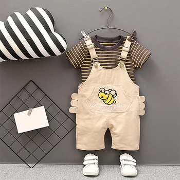 

Summer Kids Outfit Kit Baby Girls Cartoon Jumpsuit Playsuit Children Short Sleeve Stripe Printing Tee Top