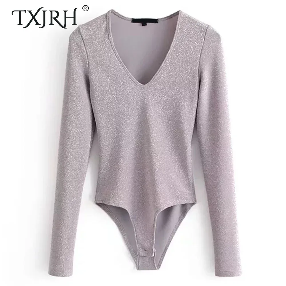 

TXJRH Sexy Bling Bright Line Deep V-Neck fit Romper Body Siamese Bodysuit Long Sleeve Tight Undershirt Slim Playsuits 2 Colors