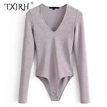 

TXJRH Sexy Bling Bright Line Deep V-Neck fit Romper Body Siamese Bodysuit Long Sleeve Tight Undershirt Slim Playsuits 2 Colors