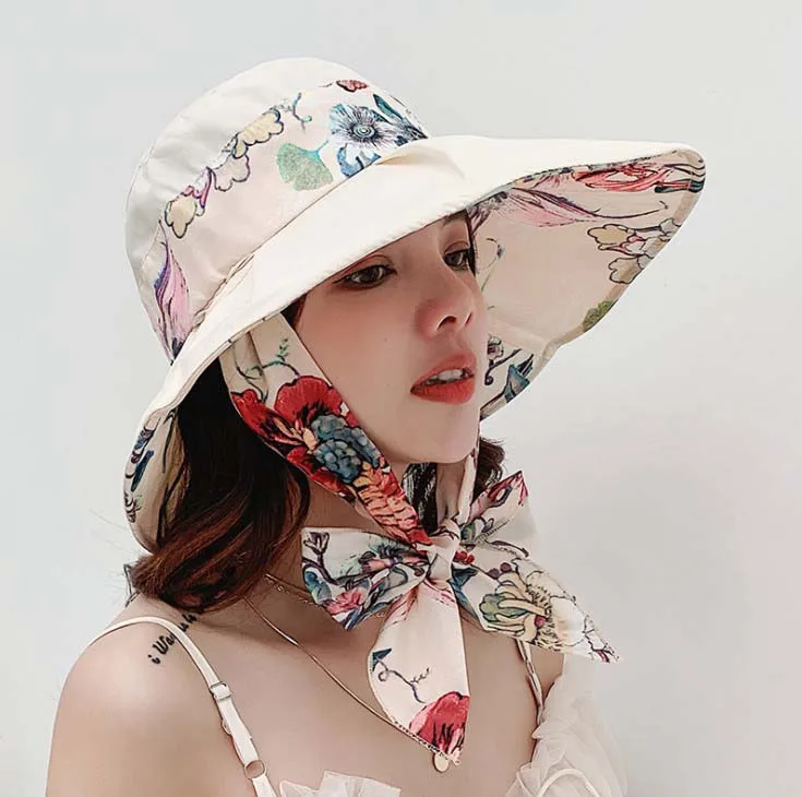 

2019 New Sun Hats ! Hats Sun Hats For Women Summer Cotton Beach Hat Flower Printed Wide Brim With Windproof Ties
