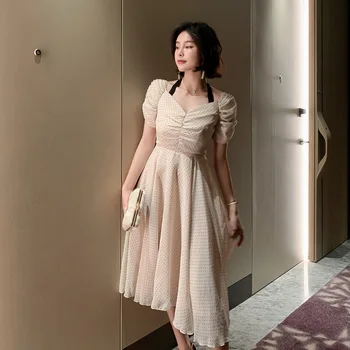 

Women Fashion A-Line Dress Short Sleeve Halter Dress Summer 2019 Elegant Quality Vestidos Polka Dots Office Lady Party Dress