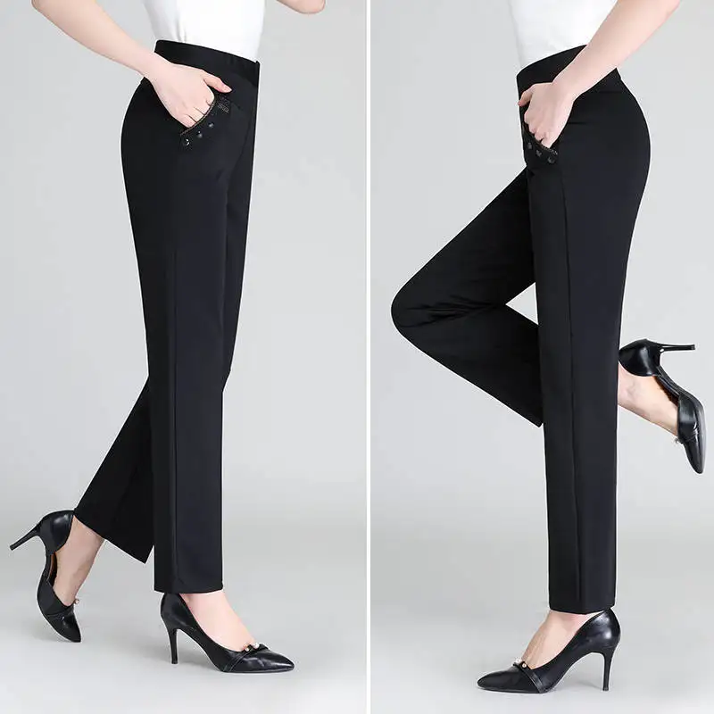 

Women High Waist Casual Pants 2019 New Summer Autumn Elasticity Straight Pants Slim Trousers Female Khaki Black Plus Size XL-5XL