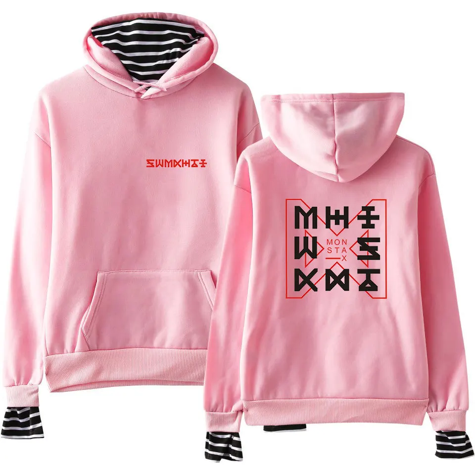  2018 MONSTA X Fake Two Pieces fleece Hoodie Kpop Pullovers Hoodies and Sweatshirts plus size Tops H