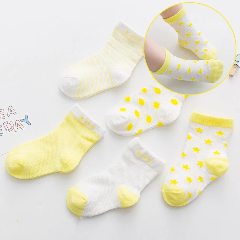 5 пар/лот; Комплект носков для малышей; хлопковые сетчатые носки для новорожденных девочек и мальчиков; мягкие носки для малышей с изображением звезды и Луны; От 0 до 1 года - Цвет: yellow
