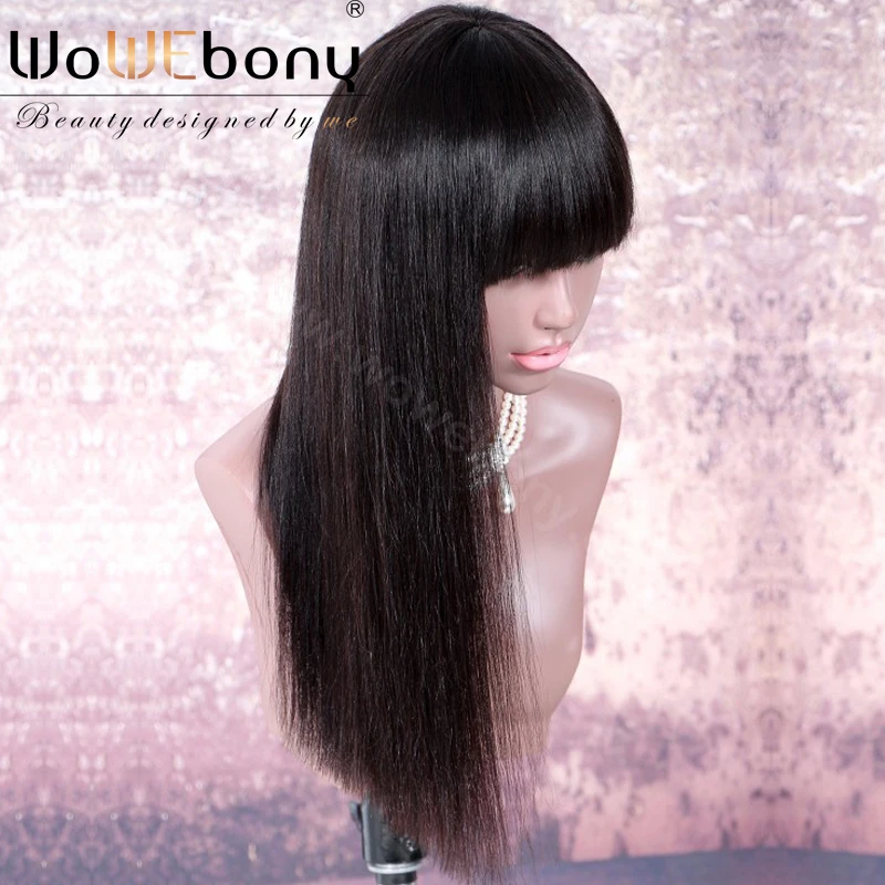 Yaki Straight Glueless Lace Front Human Hair Wigs With Full Bangs Brazilian Remy Hair Regular Yaki Silk Top Lace Wig Whorl