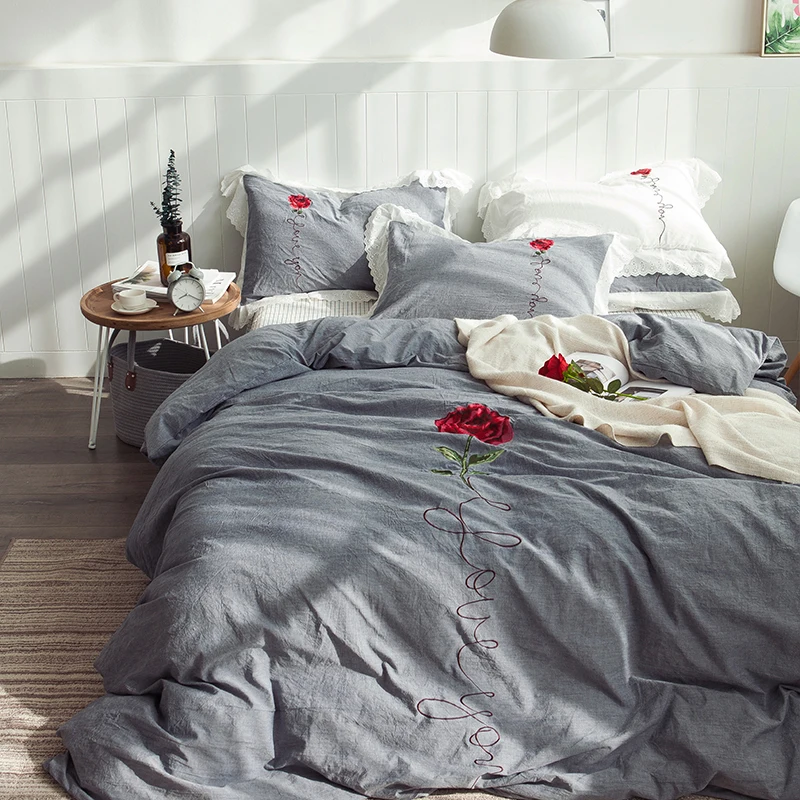 

2018 Grey Flower Bed In Bag Washed Cotton Bedlinens Queen King Duvet Cover Set Flat Sheet Fitted Sheet Lace Pillowcases